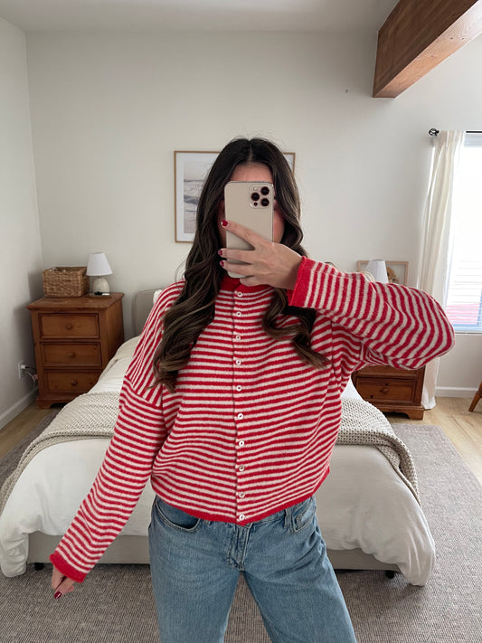 Rae Cardigan, Red/White Stripes